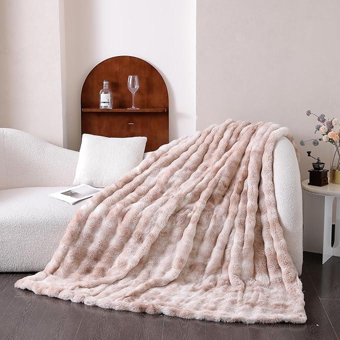 UKELER Camel Faux Fur Throw Blanket 50''x60'' Decorative Shaggy Velvet Blanket Fluffy Cozy Plush Warm Bed Throws for Couch, Sofa, Office, Camping