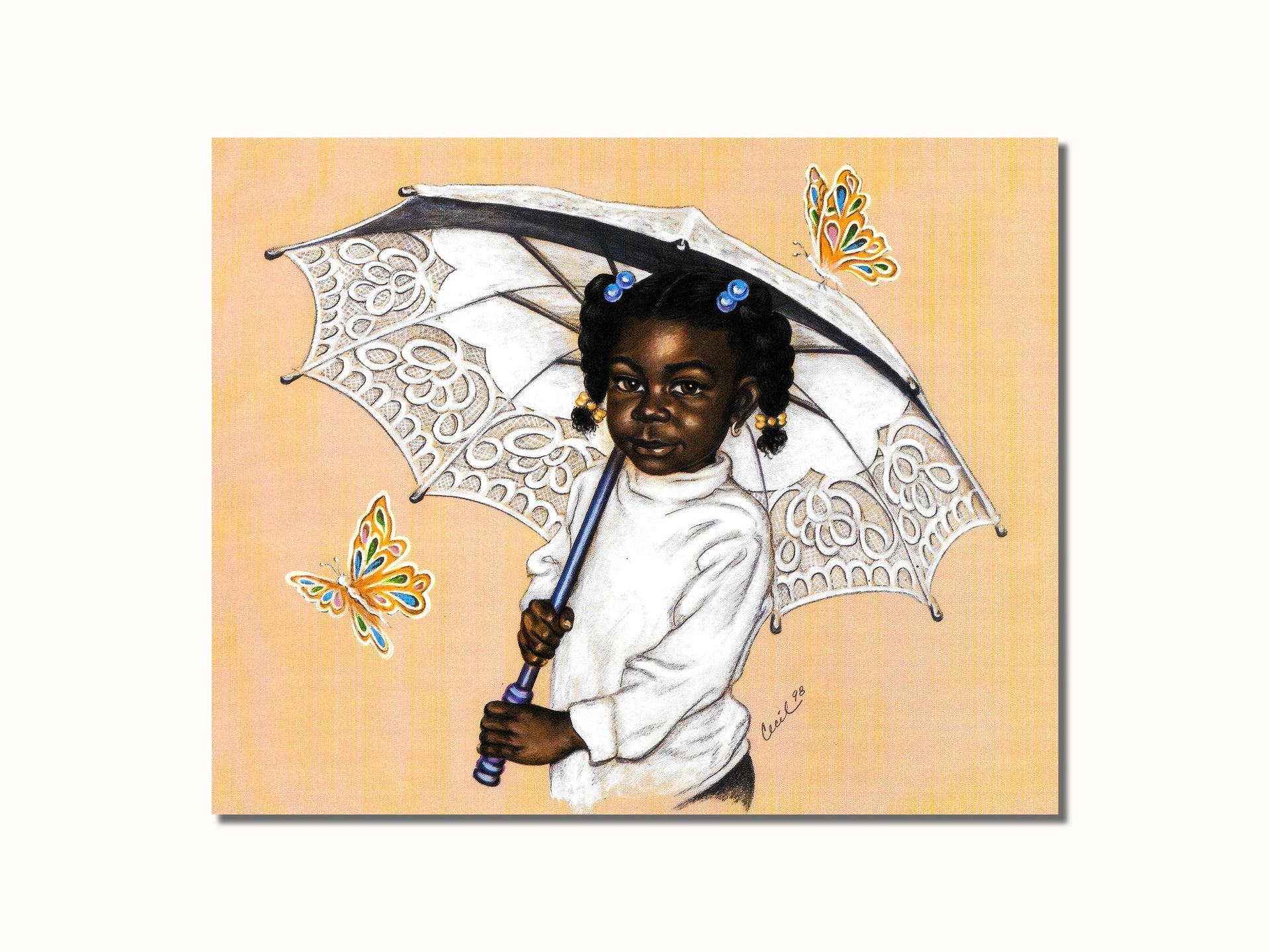African American Art Print - Black Girl Wall Art Butterflies 8x10 Unframed Picture