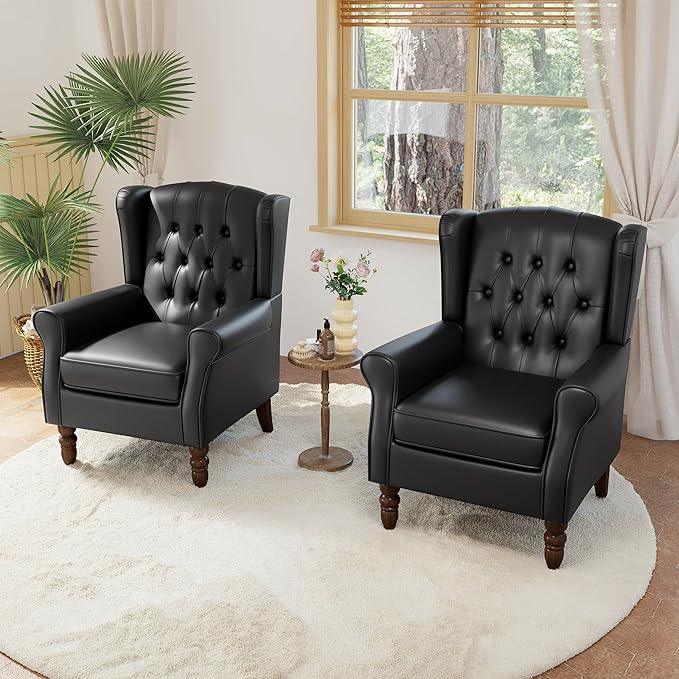 High Back Accent Chairs Set of 2,Upholstered Faux Leather Wingback Armchairs with Solid Wood Legs for Small Spaces,Comfy Single Sofa Chairs for Living Room,Bedroom-Carbon Black