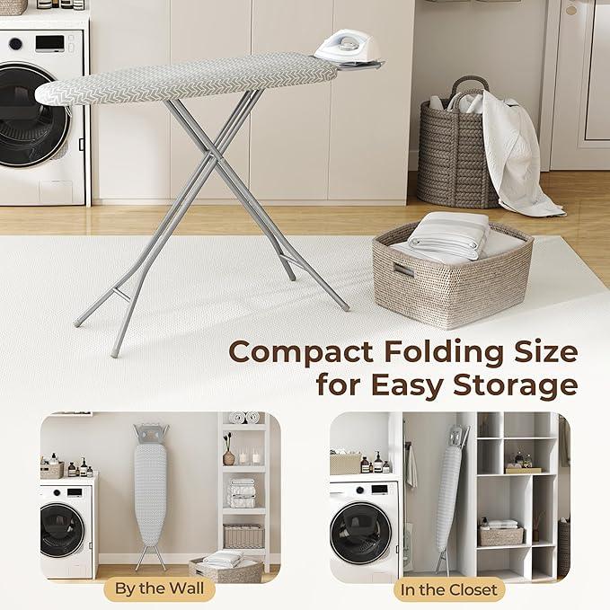 Yaheetech Foldable Ironing Board, Heavy Duty Iron Board with 9 Adjustable Heights, 4 Layer Cover and Safety Iron Rest, 52X14 Compact and Space Save Iron Board for Home Laundry Room Use, Gray&White