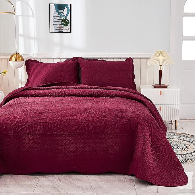 MarCielo 3-Piece 100% Cotton Oversized Bedspread Lightweight Quilt Coverlet Embroidery Farmhouse Bedding Set T0 (Wine Burgundy, Oversized King (118