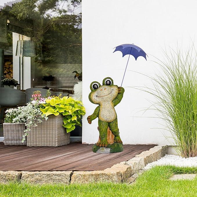 Alpine Corporation QWR1002 Indoor/Outdoor Smiling Frog with Purple Umbrella Garden Statue, Playful Frog Statue, 27