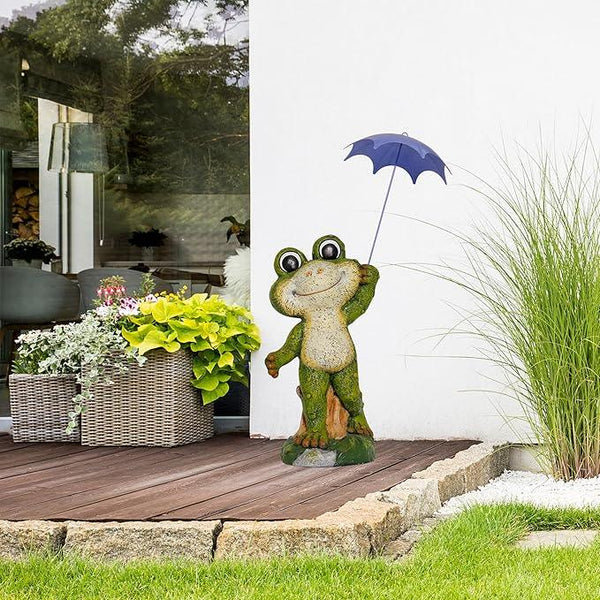 Alpine Corporation QWR1002 Indoor/Outdoor Smiling Frog with Purple Umbrella Garden Statue, Playful Frog Statue, 27