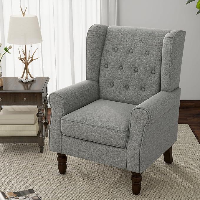 Accent Chair, Upholstered Armchair with Button Tufted High Back & Solid Wood Legs, Comfy Wingback Reading Single Sofa Chair for Small Spaces, Living Room, Bedroom (Light Grey, Set of 1)