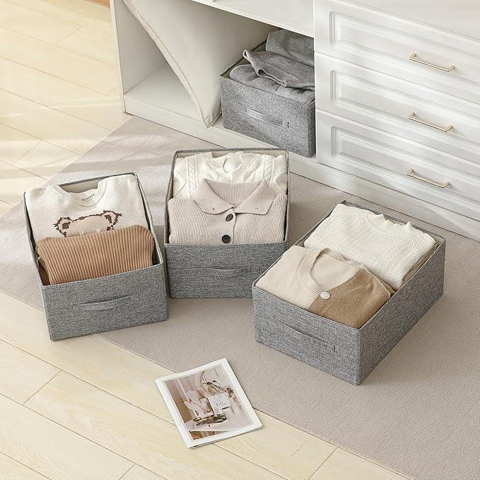 Linen Folding Storage Bins, 3 Pack Large Storage Baskets, Washable, Clothing Storage Bins with Handle, Closet Organizer for Storage Sweater,Sheets(dark grey, 18½