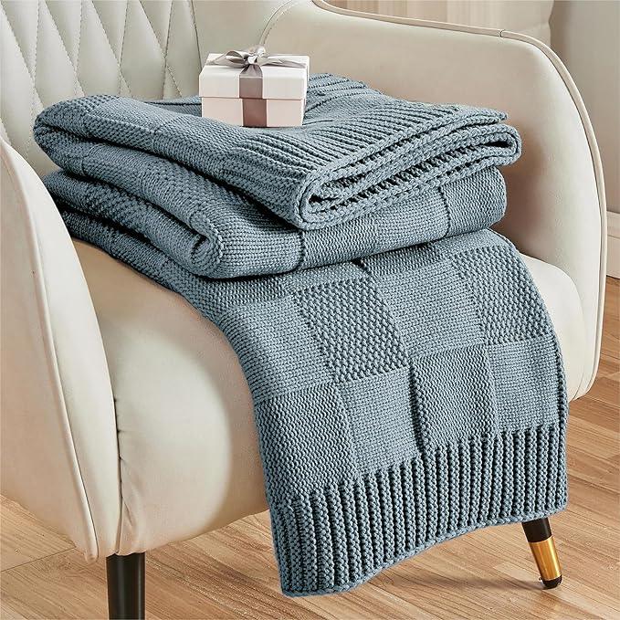 CozeCube Check Knit Throw Blanket, Dusty Blue Checkered Throw for Couch, Decorative Christmas Soft Cozy Warm Knitted Blanket for Bed Sofa Living Room, 60