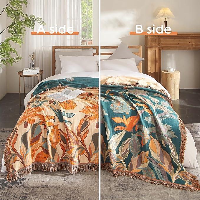 Boho Throw Blanket for Bed 60”x80”, 100% Cotton Woven Blanket for Couch Sofa, Ultra Soft 4-Layer Muslin Quilt with Floral Printed, Farmhouse Bed Blanket/Cover for Living Room Decor