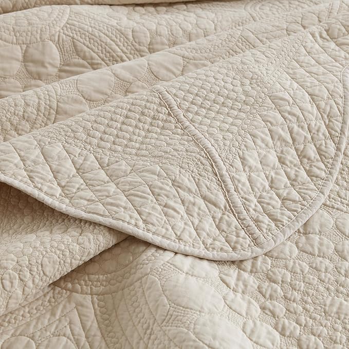 MarCielo 3-Piece 100% Cotton Oversized Bedspread Lightweight Quilt Coverlet Embroidery Farmhouse Bedding (Tf Khaki Beige, Oversized King (118