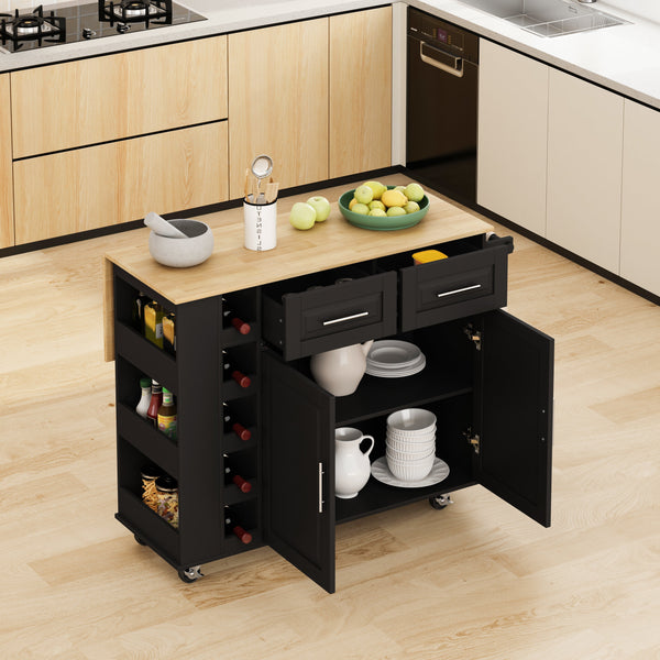 Multi-Functional Kitchen Island Cart with 2 Door Cabinet and Two Drawers,Spice Rack, Towel Holder, Wine Rack, and Foldable Rubberwood Table Top (Black) V.I.P Digital Presence