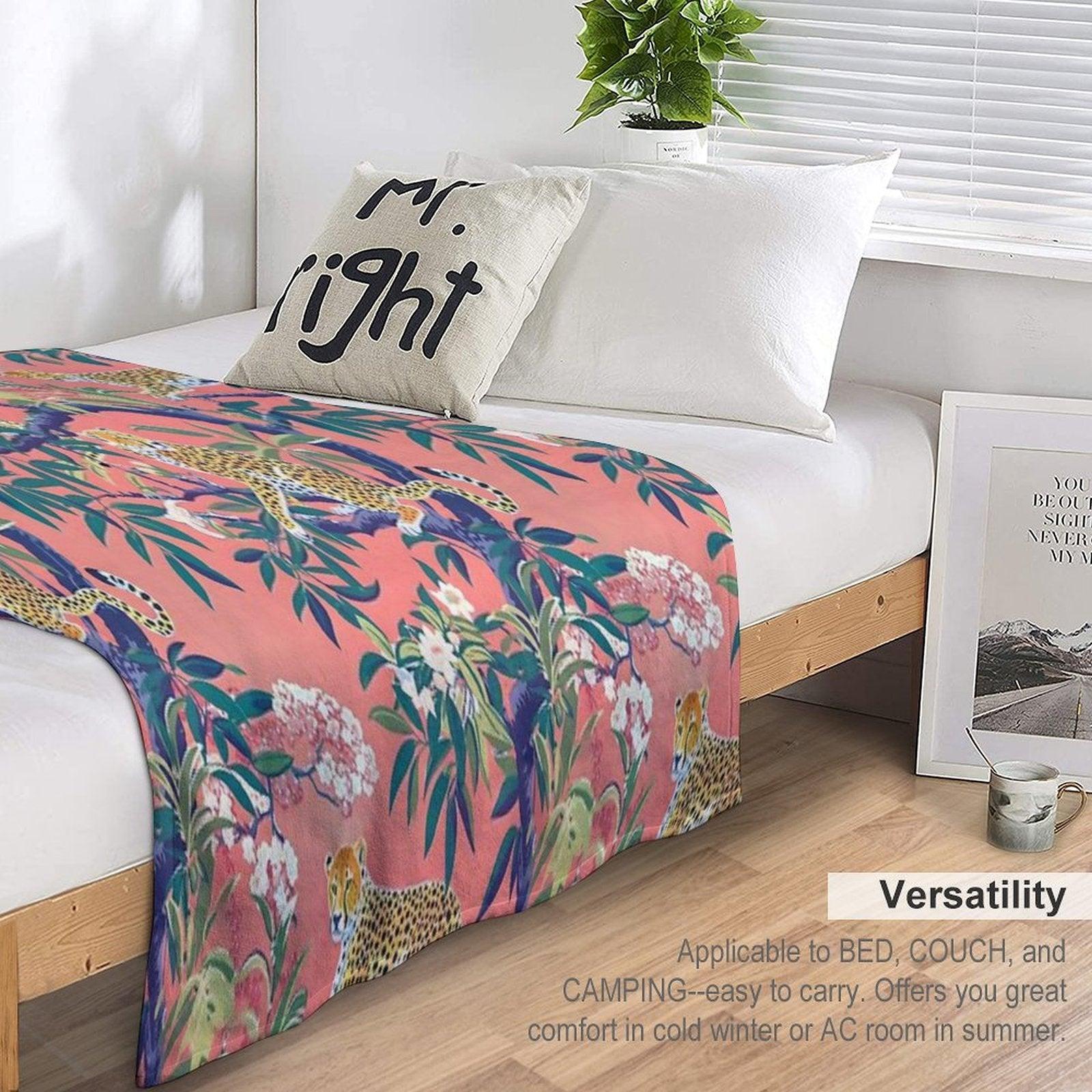 Leopards in Chinoiserie Garden in Blue And Orange Throw Blanket