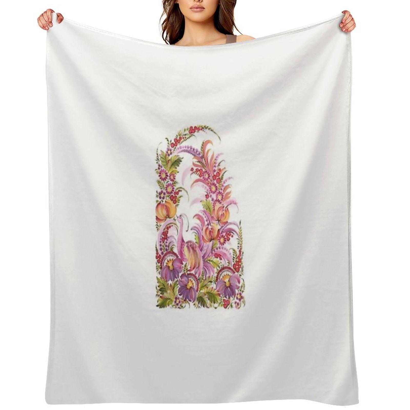 Pink Bird in Floral Bloom Throw Blanket