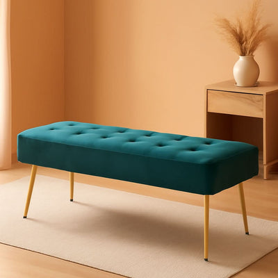 Velvet Upholstered Button Tufted Ottoman Gold Base