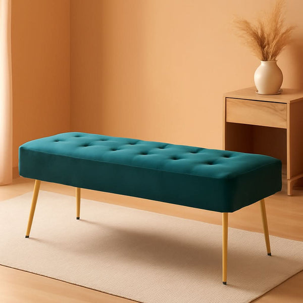 Velvet Upholstered Button Tufted Ottoman Gold Base
