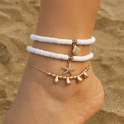 Holiday starfish soft ceramic ankle chain set, beach multi-layer alloy copper chain ankle ring