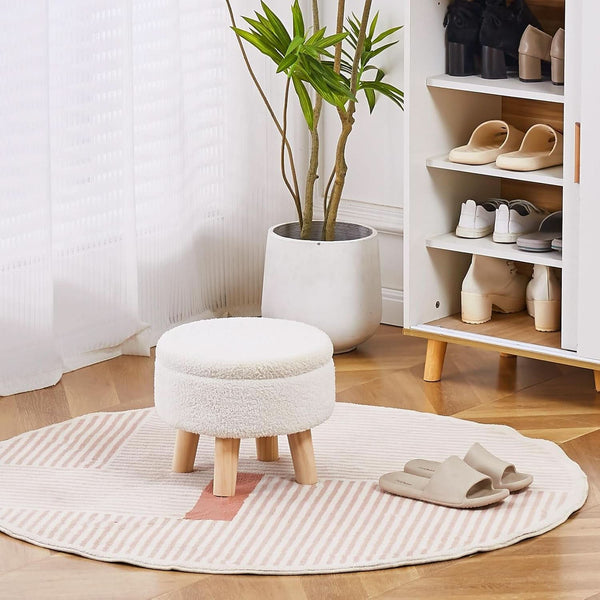 Cream Velvet Round Storage Ottoman With Solid Wood Legs