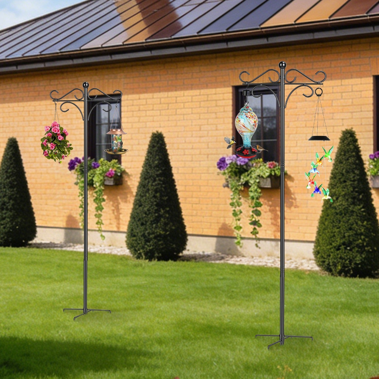 2 Packs 76in Heavy Duty Double Shepherds Hook Bird Feeder Pole Garden Hanging Holder with 4 Adjustable Height 5 Prong Base for Bird Feeder Garden Plan