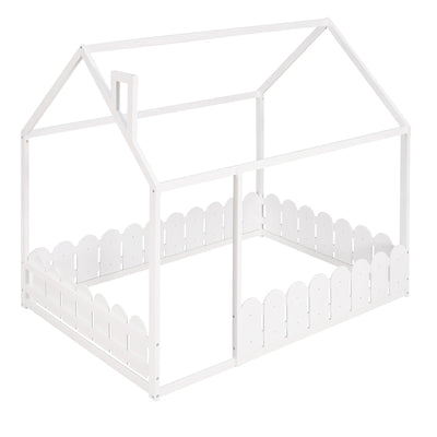 (Slats are not included) Full Size Wood Bed House Bed Frame with Fence for Kids Teens Girls Boys (White )