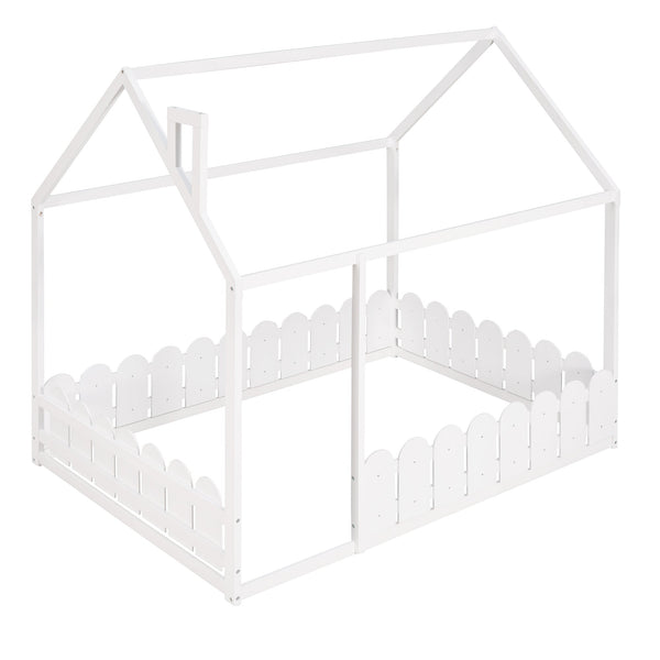 (Slats are not included) Full Size Wood Bed House Bed Frame with Fence for Kids Teens Girls Boys (White ) - Gifts for You 'n Me