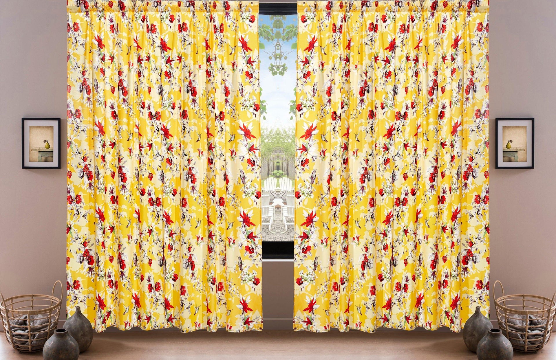 DaDa Bedding Set of 2 Radiant Sunshine Yellow Floral Window Curtain Panels - Natural Semi Sheer Hummingbirds Farmhouse Red Flowers Straight Tailored Edge