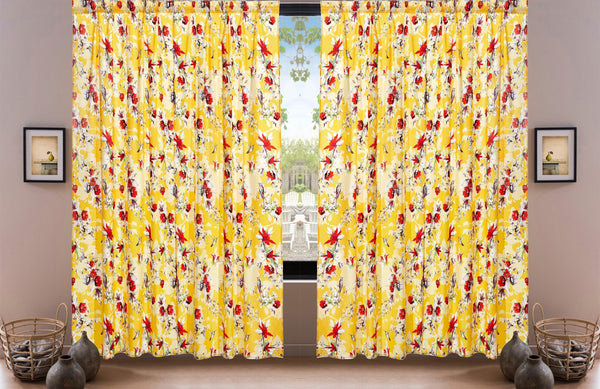 DaDa Bedding Set of 2 Radiant Sunshine Yellow Floral Window Curtain Panels - Natural Semi Sheer Hummingbirds Farmhouse Red Flowers Straight Tailored Edge