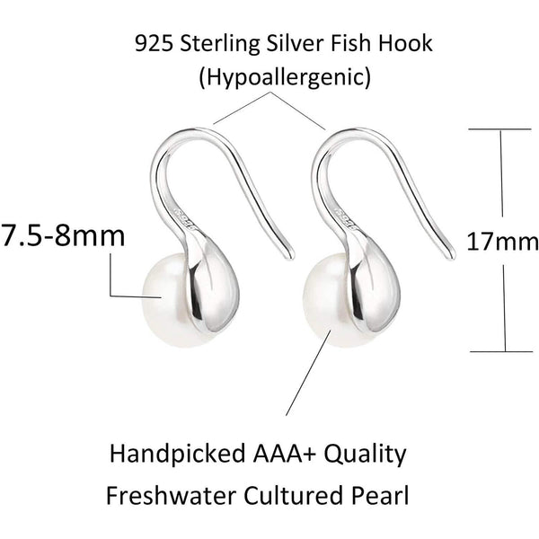 925 Sterling Silver 7.5-8mm White Freshwater Cultured Pearl Dangle Drop Earrings