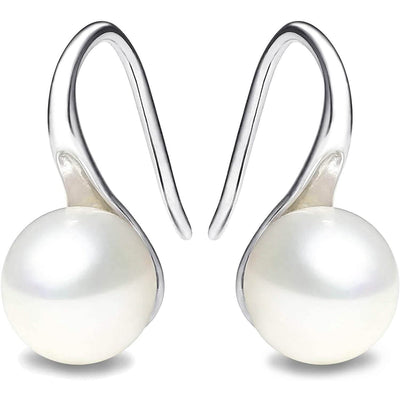 925 Sterling Silver 7.5-8mm White Freshwater Cultured Pearl Dangle Drop Earrings