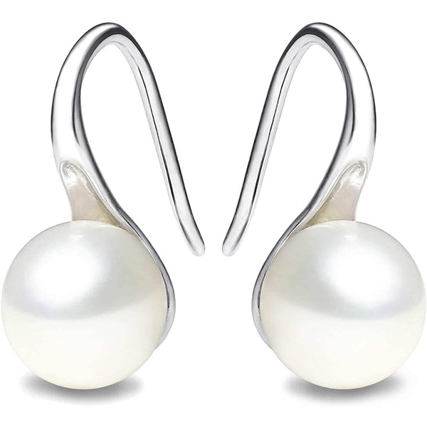 925 Sterling Silver 7.5-8mm White Freshwater Cultured Pearl Dangle Drop Earrings