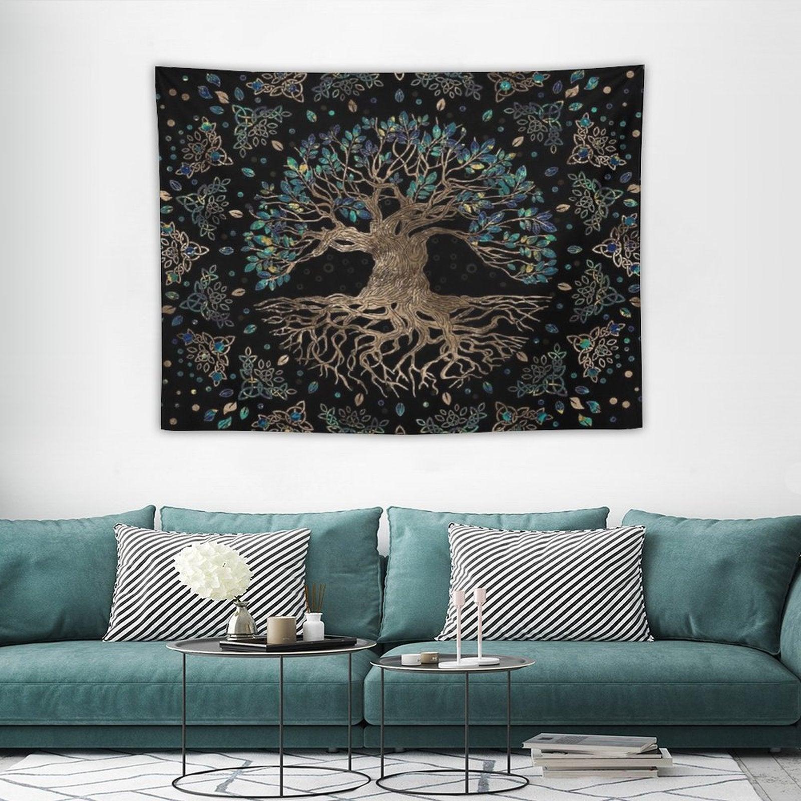Tree of Life -Yggdrasil Golden And Marble Ornament Tapestry