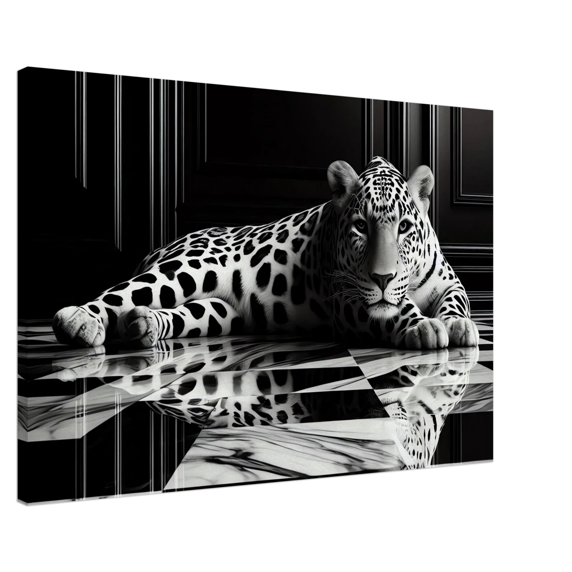 Leopard Canvas Art Print – Striking Design on Black & White Checkered Marble Floor