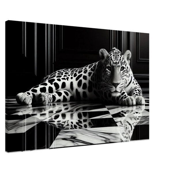 Leopard Canvas Art Print – Striking Design on Black & White Checkered Marble Floor