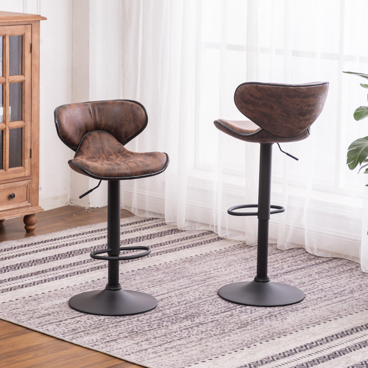 Brown Weathered Upholstered Adjustable Swivel Bar Stools with Chrome Base – Set of 2