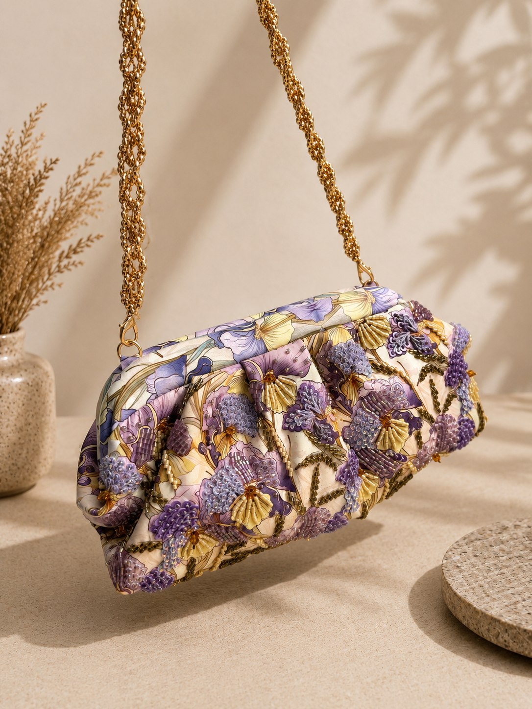 The Garden Ruche in Lavender — Hand-Beaded Luxury Clutch Bag