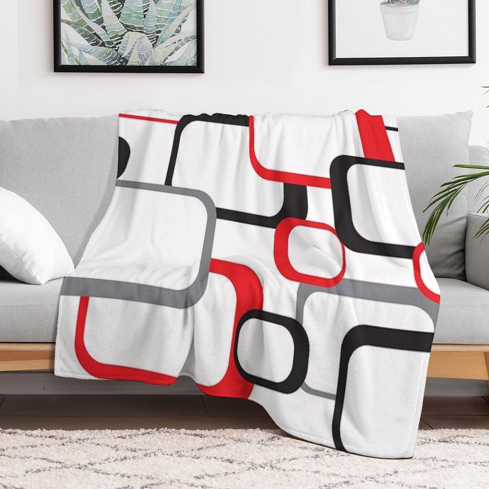 Retro Square Pattern Black Red Gray White Throw Blanket