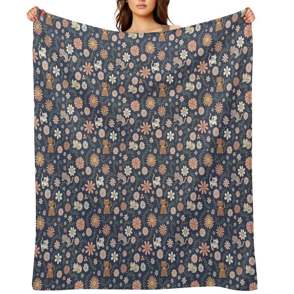 Flower Meower (Navy) Travel-friendly Throw Blanket
