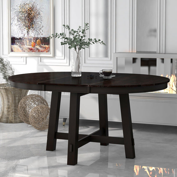 TREXM Farmhouse Round Extendable Dining Table with 16