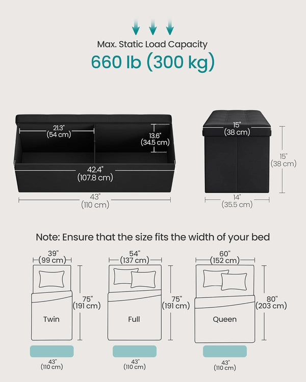43 Inch Folding Storage Ottoman Black Synthetic Leather