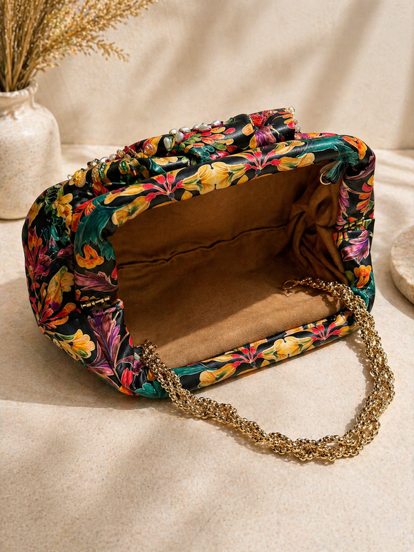 The Garden Ruche in Midnight — Hand-Beaded Luxury Clutch Bag