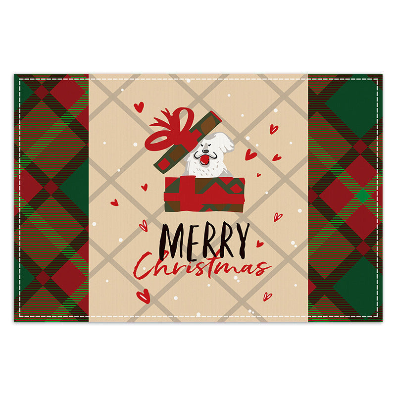 Christmas table mat with white linen snowman checkered print