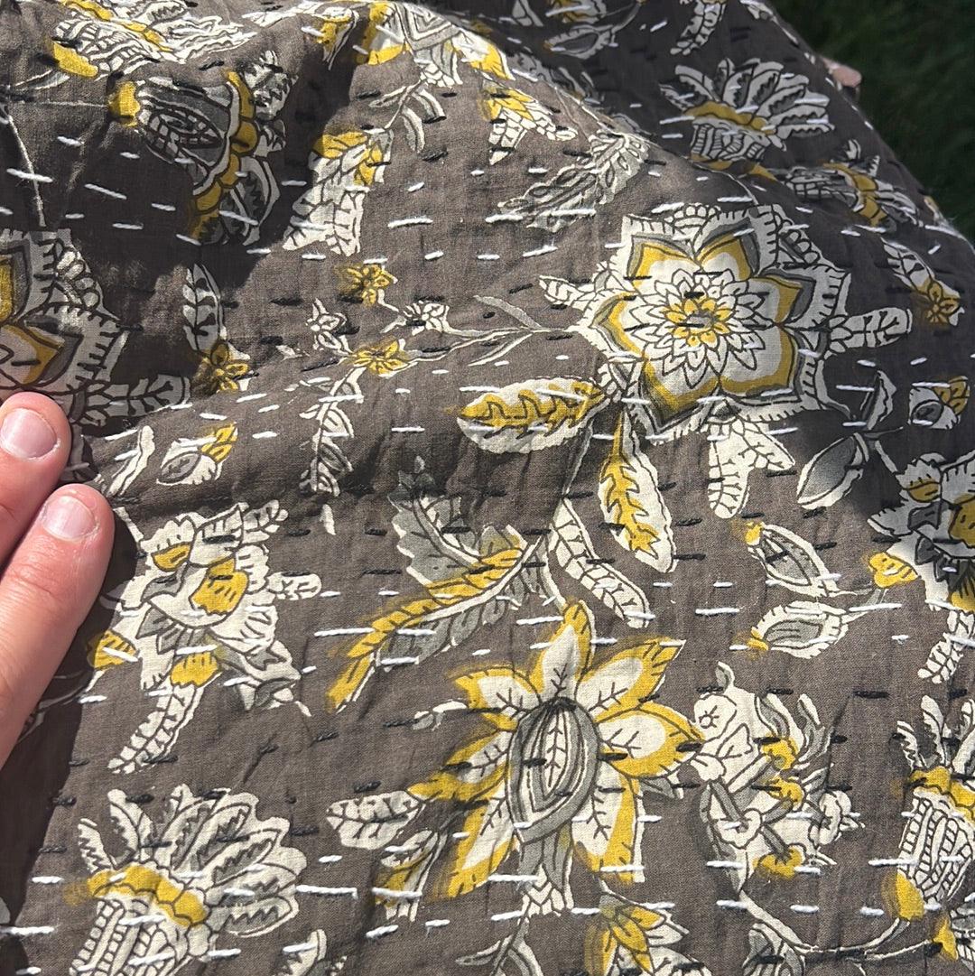 Brown Plants Block Print Cotton Kantha Quilt (Events)