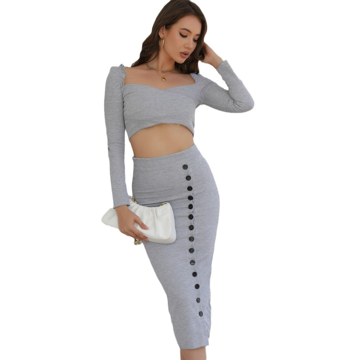Sexy Knitted Dress Set - Long Sleeve Crop Top + Bodycon Slit Skirt