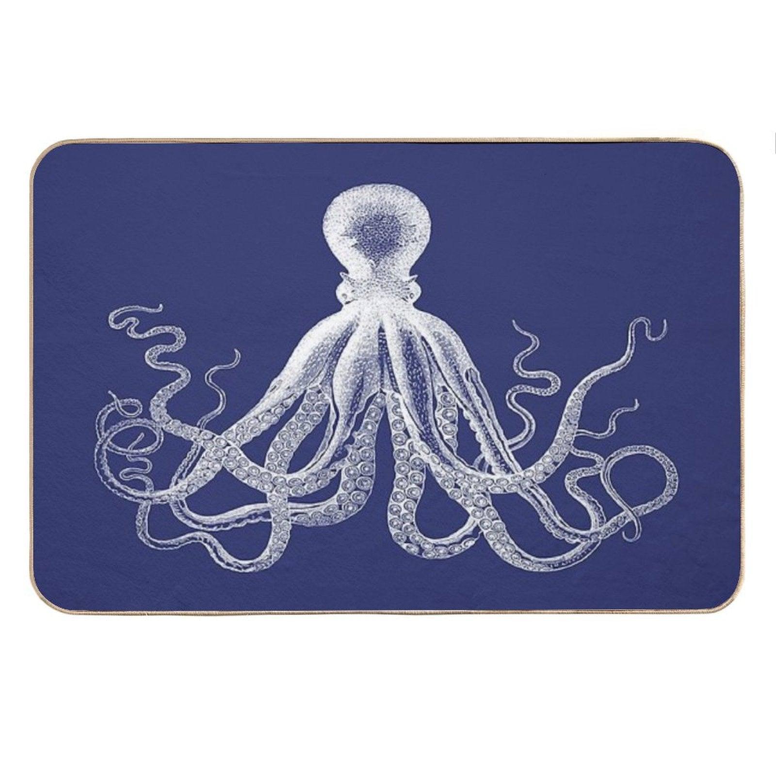 Octopus  Vintage Octopus  Tentacles  Sea Creatures  Nautical  Ocean  Sea  Beach  Navy Blue And White Bath Mat