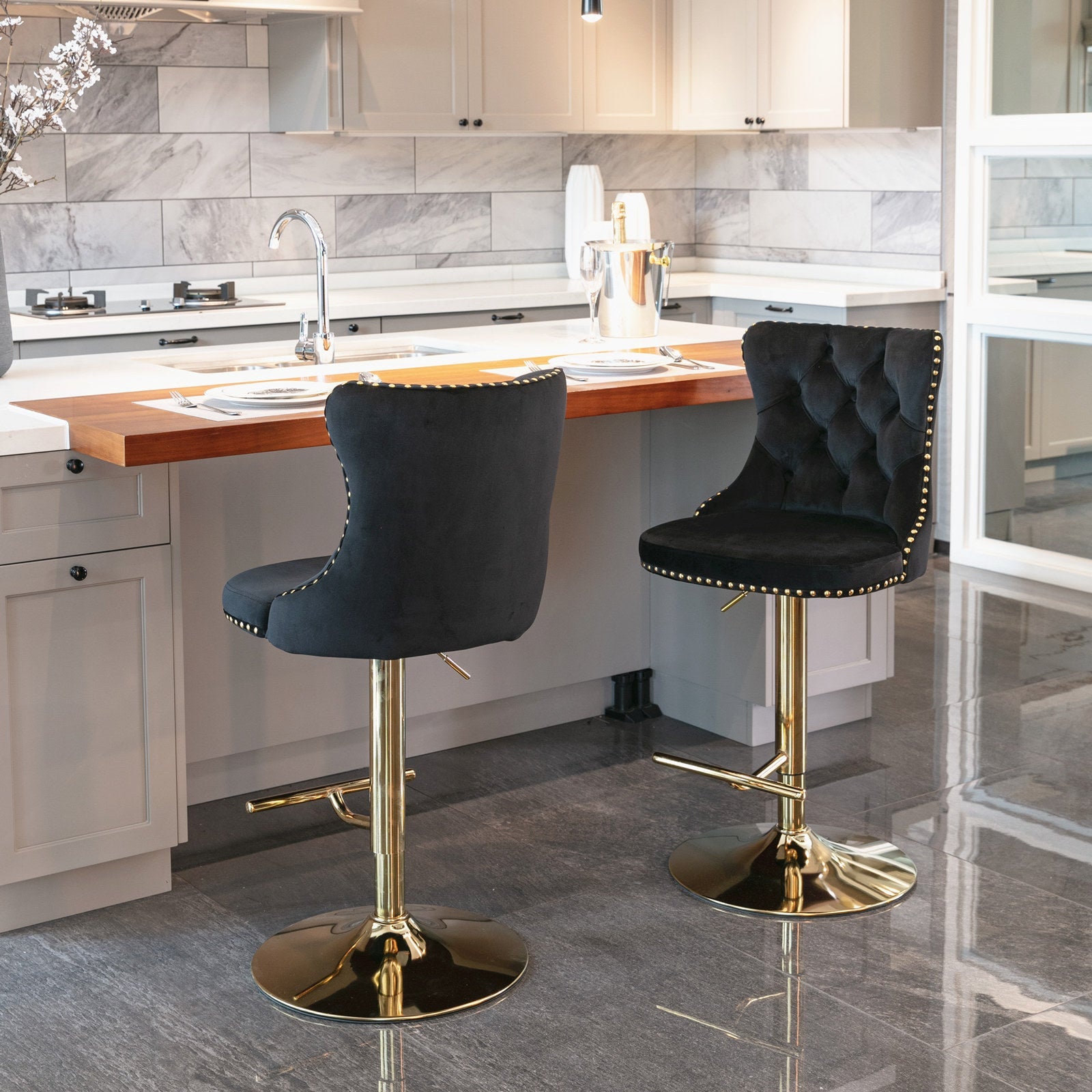 Golden Swivel Velvet Adjustable Barstools with Backs Upholstered Tufted for Home Pub