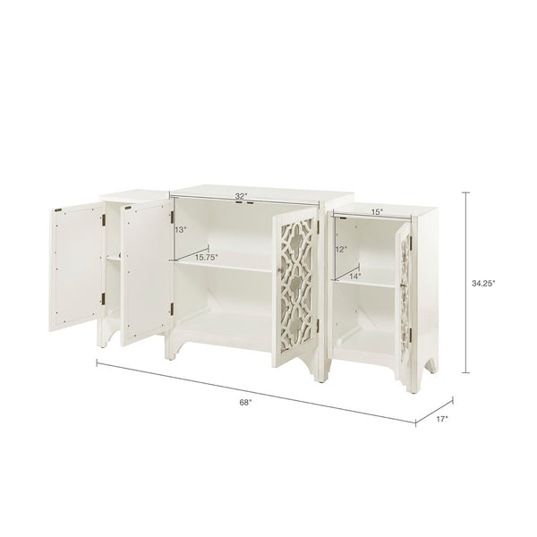 Verona Dining Buffet Server Quaterfoil Design Kitchen Storage Cabinet with Mirrored Doors - cream