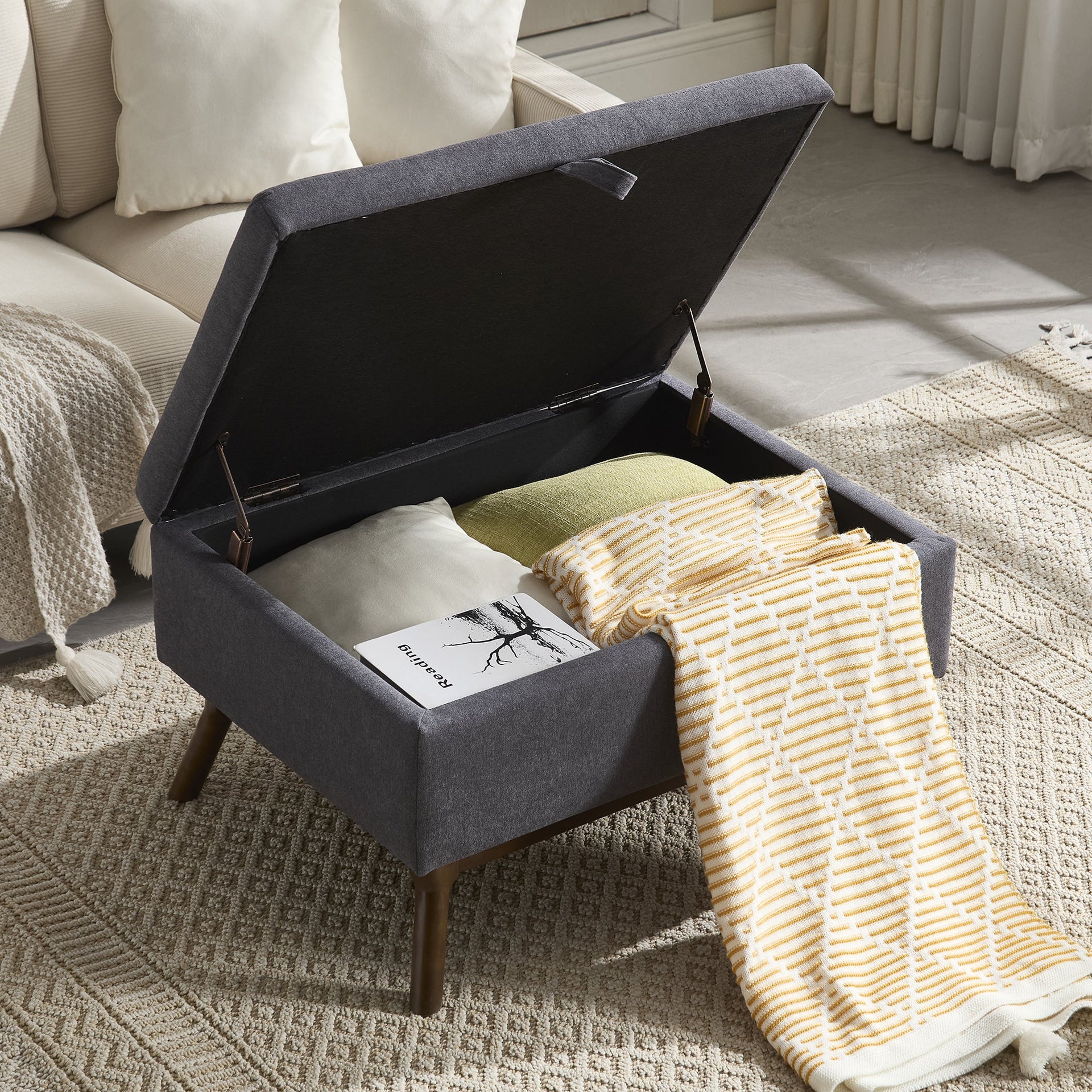 Mid-century modern square coffee table storage bench, assembled, suitable for living room, entryway and family room, used as a coffee table, stirrups, shoe bench