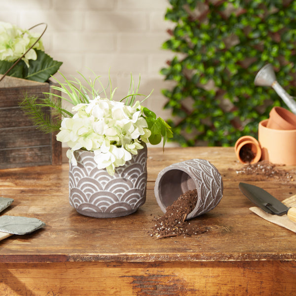 Black Scalloped Cement Flower Pot Set of 2