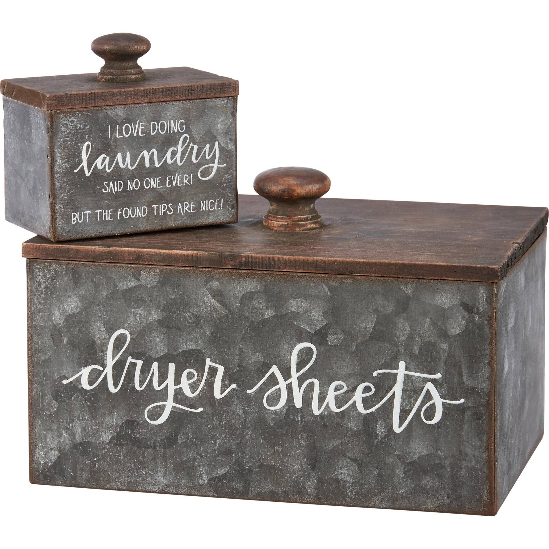 Dryer Sheets Bin Set – Galvanized Metal Laundry Storage Bins with Wooden Lids