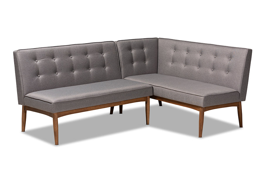 Baxton Studio Arvid Mid-Century Modern Gray Fabric Upholstered 2-Piece Wood Dining Nook Banquette Set