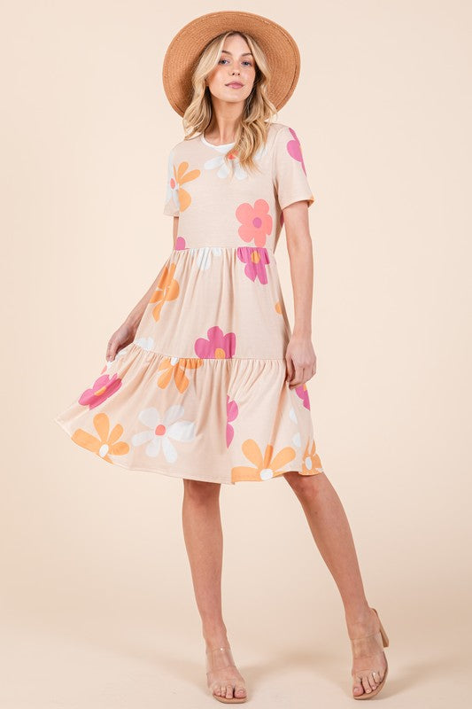 New Floral Round Neck Short Sleeve Tiered Dress For Women–Flowy, Feminine & Perfect for Summer