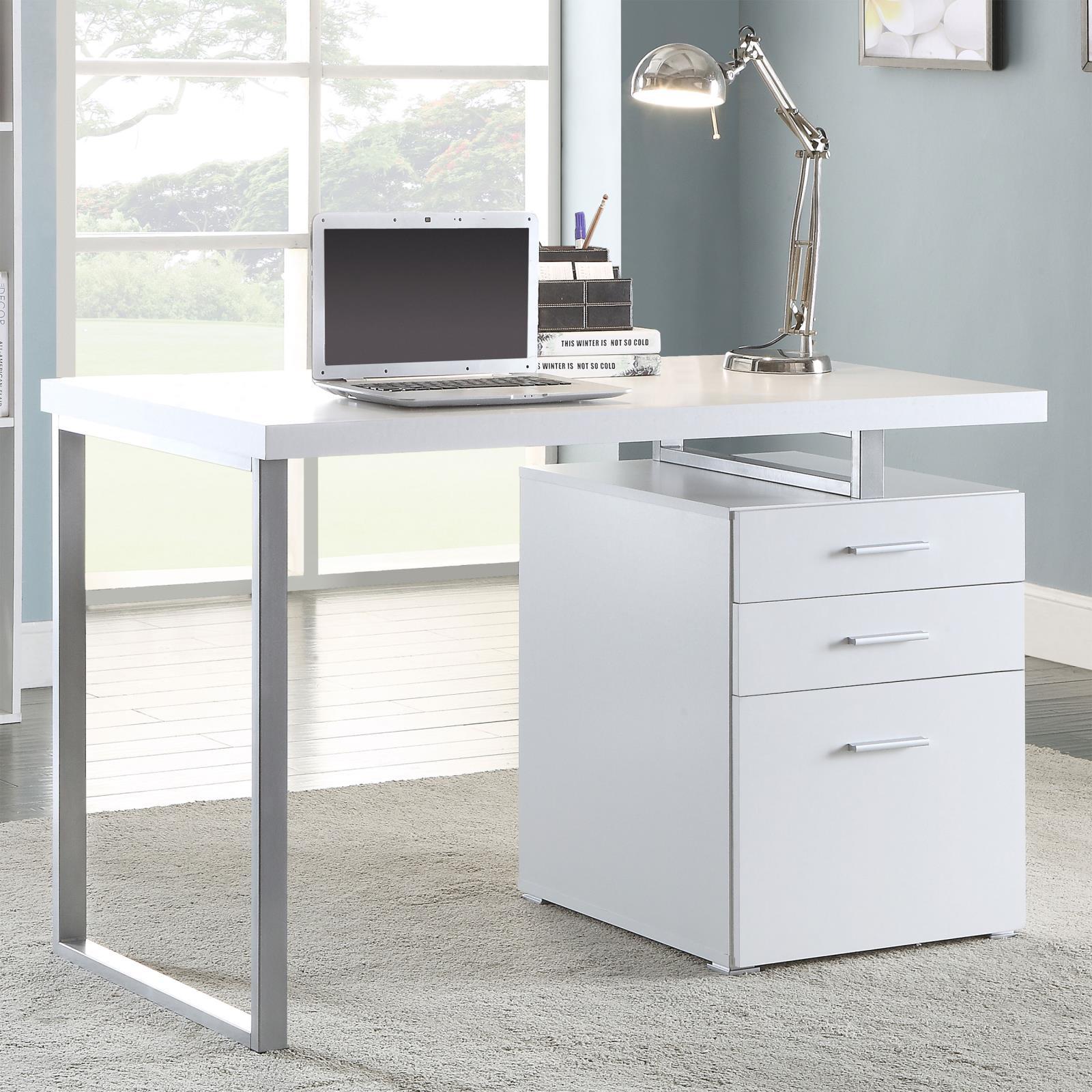 White 3-drawer Reversible Office Desk shown in a home office setup with laptop and lamp, perfect for productivity and storage.
