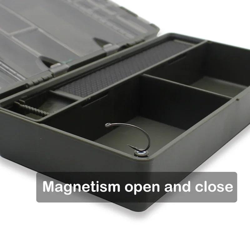 Fishing storage box, portable tackle box, magnetic compartments, fishing accessories